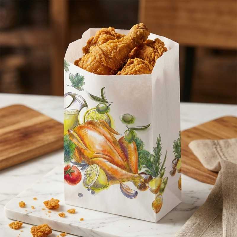 Sacchetto carta kraft bianco politenato salvagoccia pollo spiedo 18+6x35 cm | Crovegli