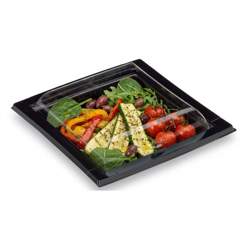 Piattino PET nero quadrato 170cc con coperchio trasparente | Crovegli