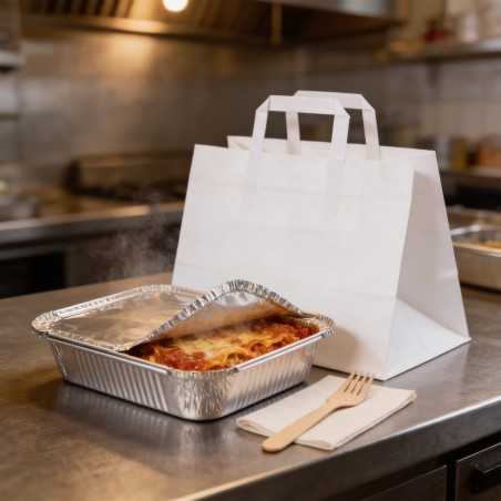 Borsa carta bianca manico piatto 26+18x26 cm take-away | Crovegli